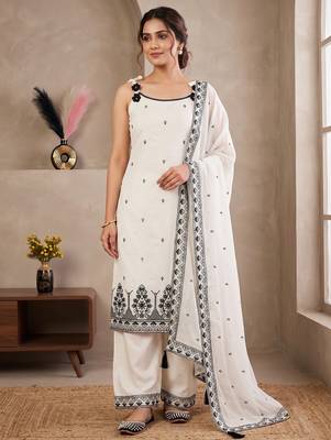 White & black embroidered kurta pant set with maska cotton silk dupatta 1