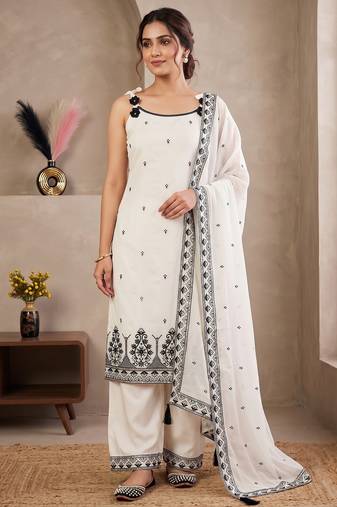 White & black embroidered kurta pant set with maska cotton silk dupatta