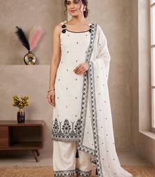 White & black embroidered kurta pant set with maska cotton silk dupatta