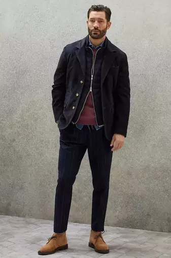 Men's real genuine navy blue suede leather classic blazer