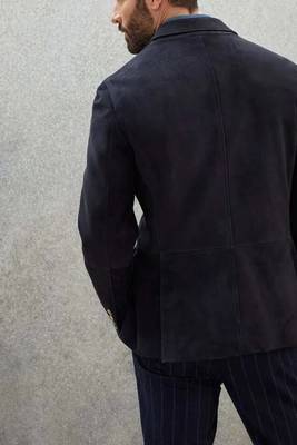 Men's real genuine navy blue suede leather classic blazer 3