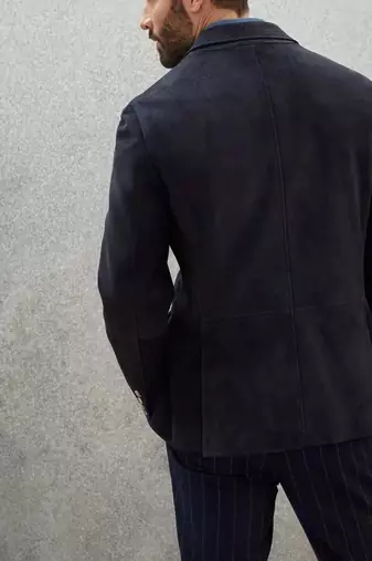 Men's real genuine navy blue suede leather classic blazer