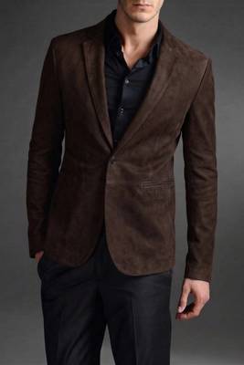 Men's real genuine dark brown suede leather slim fit blazer coat 1