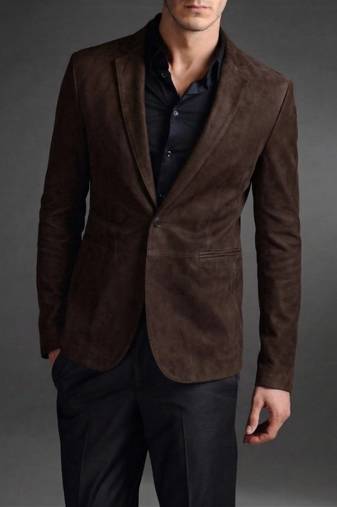 Men's real genuine dark brown suede leather slim fit blazer coat