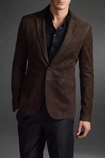 Men's real genuine dark brown suede leather slim fit blazer coat