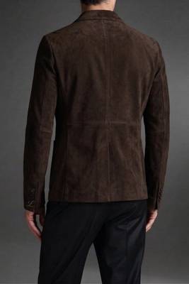 Men's real genuine dark brown suede leather slim fit blazer coat 2