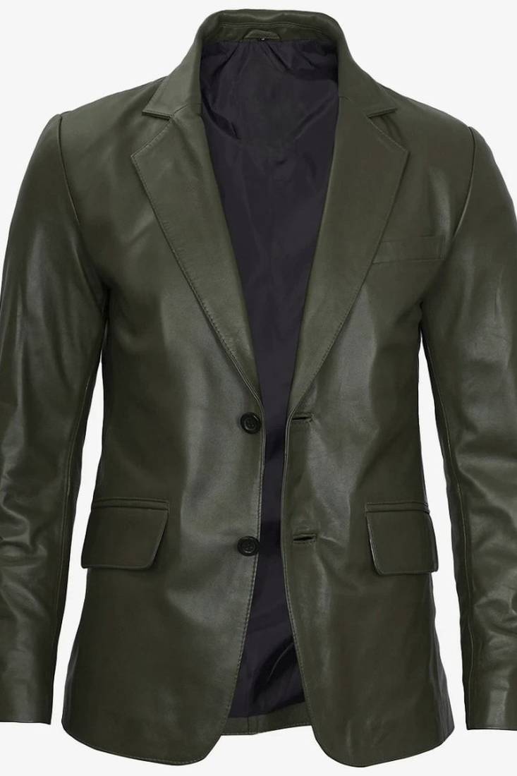 Men's olive green real lambskin leather coat blazer