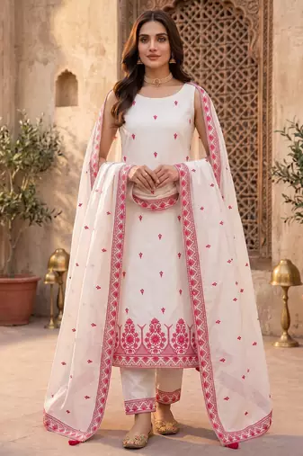 White & pink embroidered kurta pant set with maska cotton silk dupatta