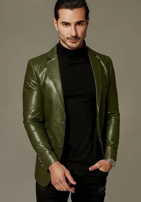 Men's olive green leather slim fit blazer real lambskin coat jacket 1
