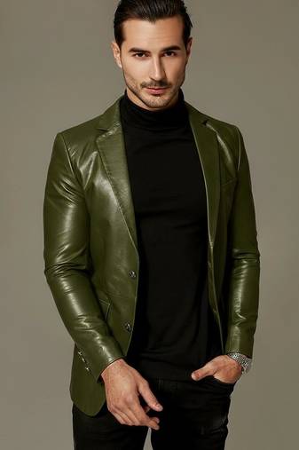 Men's olive green leather slim fit blazer real lambskin coat jacket
