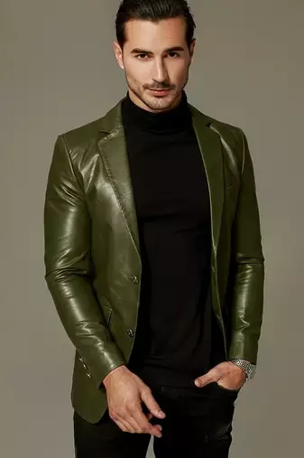 Men's olive green leather slim fit blazer real lambskin coat jacket