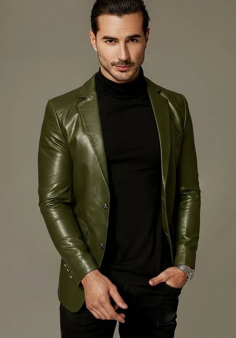 Men's olive green leather slim fit blazer real lambskin coat jacket