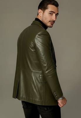 Men's olive green leather slim fit blazer real lambskin coat jacket 2