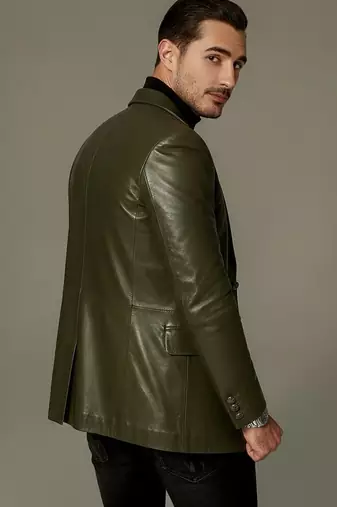 Men's olive green leather slim fit blazer real lambskin coat jacket