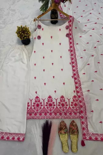 White & pink embroidered kurta pant set with maska cotton silk dupatta