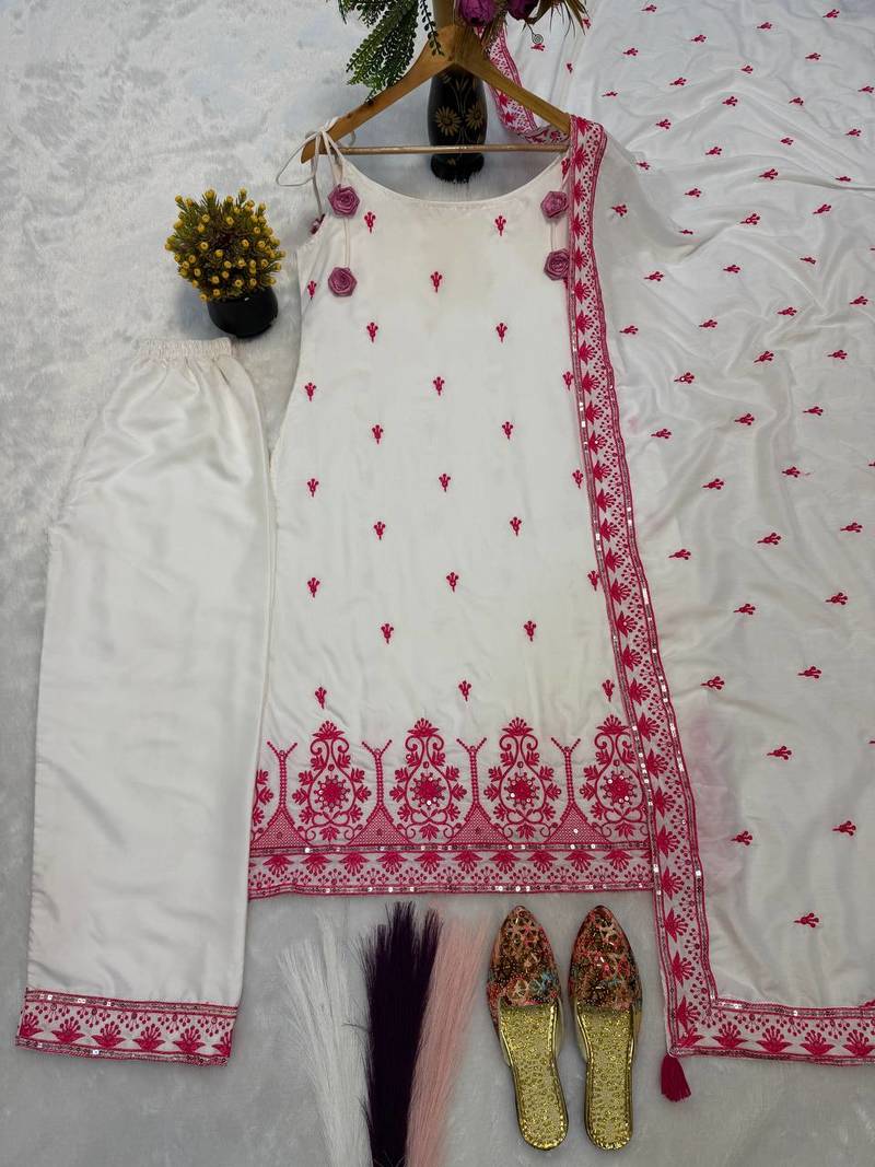 White & pink embroidered kurta pant set with maska cotton silk dupatta