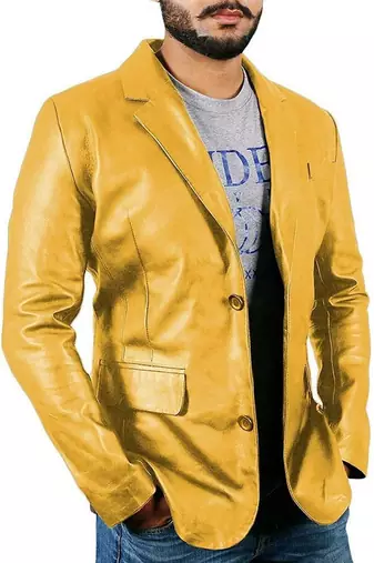 Men's mustard yellow genuine leather blazer jacket