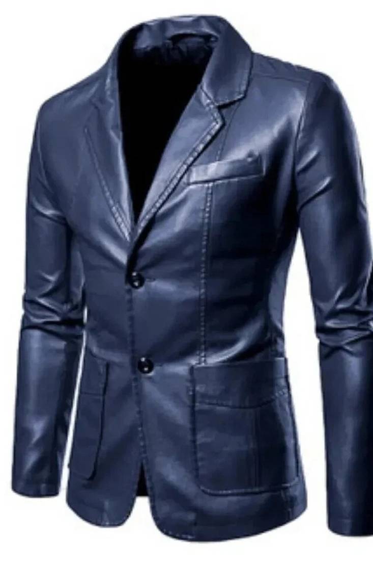 Men's lambskin navy blue 100% genuine leather blazer jacket