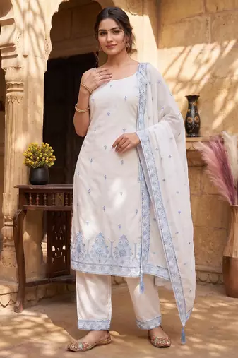 White & sky blue embroidered kurta pant set with maska cotton silk dupatta
