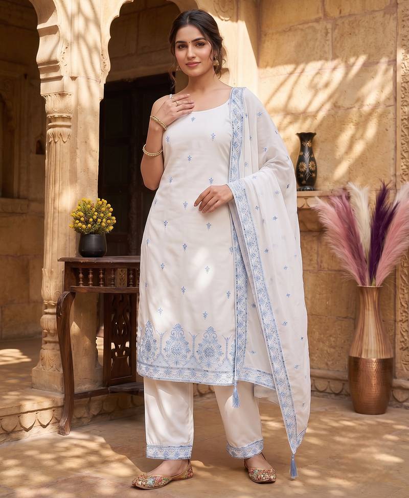 White & sky blue embroidered kurta pant set with maska cotton silk dupatta