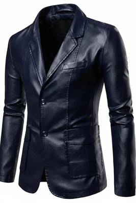 Men's dark navy blue real genuine leather blazer 1