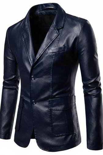 Men's dark navy blue real genuine leather blazer