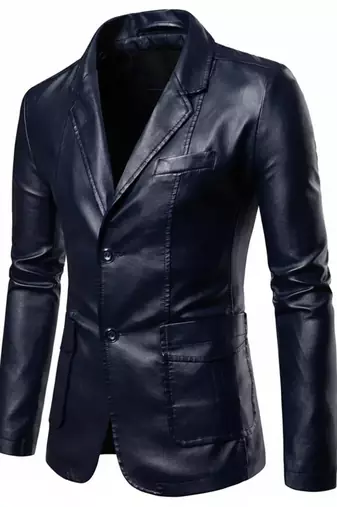 Men's dark navy blue real genuine leather blazer