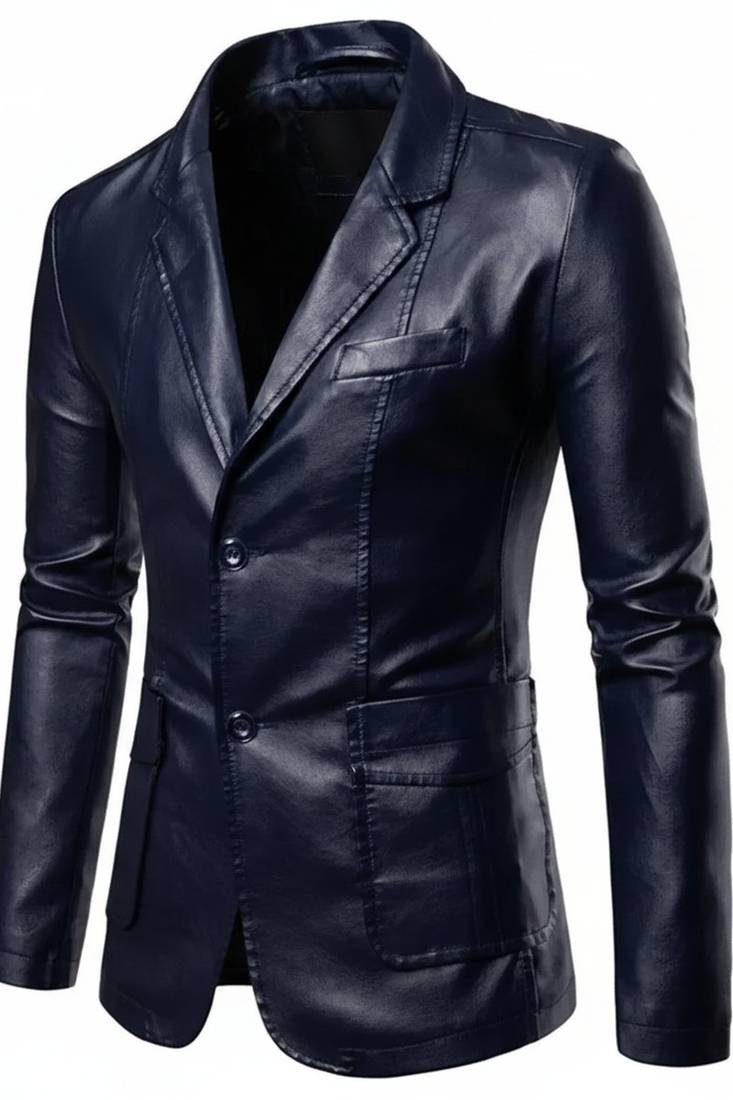 Men's dark navy blue real genuine leather blazer
