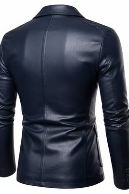 Men's dark navy blue real genuine leather blazer 2