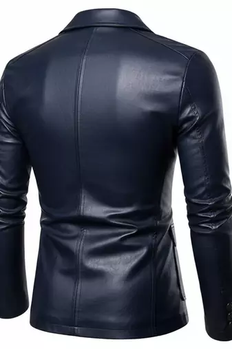 Men's dark navy blue real genuine leather blazer