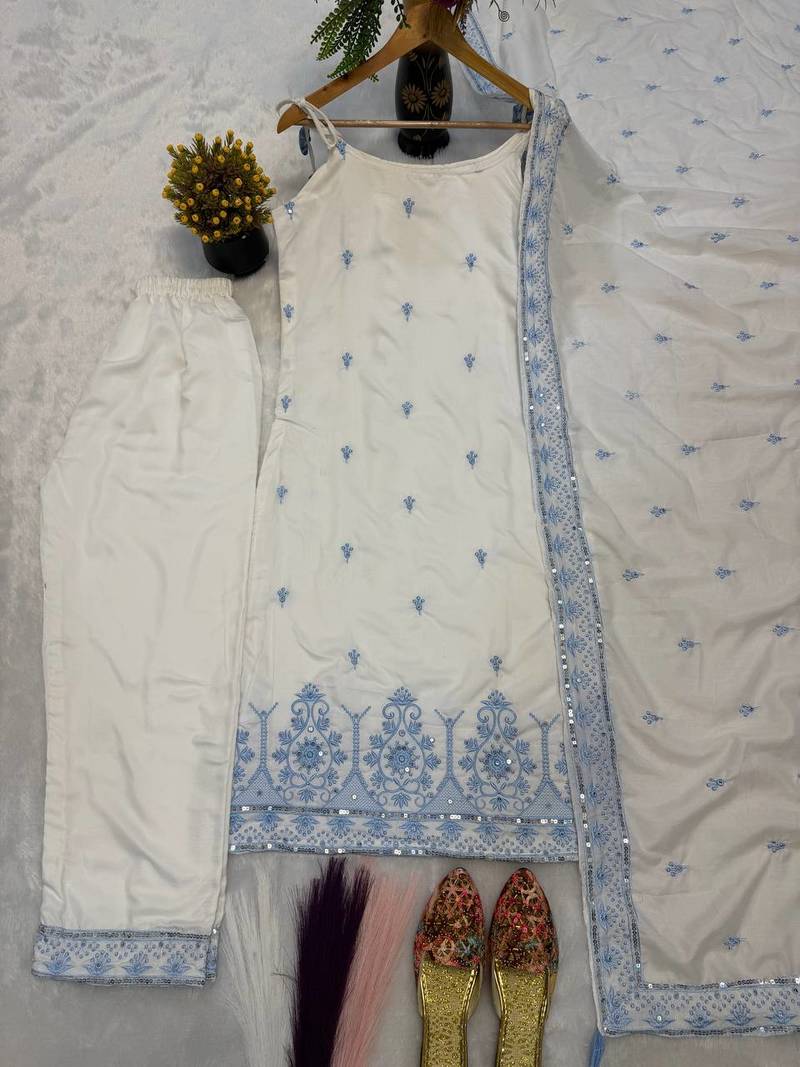 White & sky blue embroidered kurta pant set with maska cotton silk dupatta