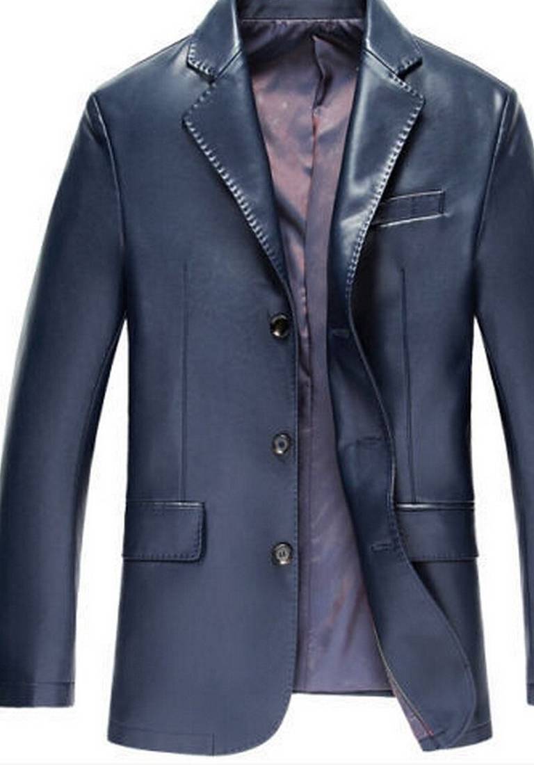 Men's real genuine blue leather formal blazer jacket