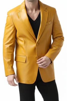 Men's yellow real genuine leather blazer formal two button coat 1