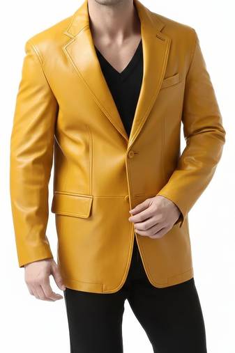 Men's yellow real genuine leather blazer formal two button coat