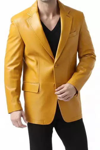 Men's yellow real genuine leather blazer formal two button coat