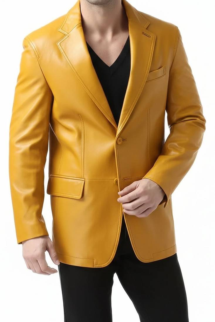 Men's yellow real genuine leather blazer formal two button coat