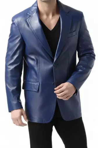 Men's real genuine lambskin blue leather blazer two button coat