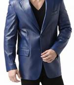 Men's real genuine lambskin blue leather blazer two button coat