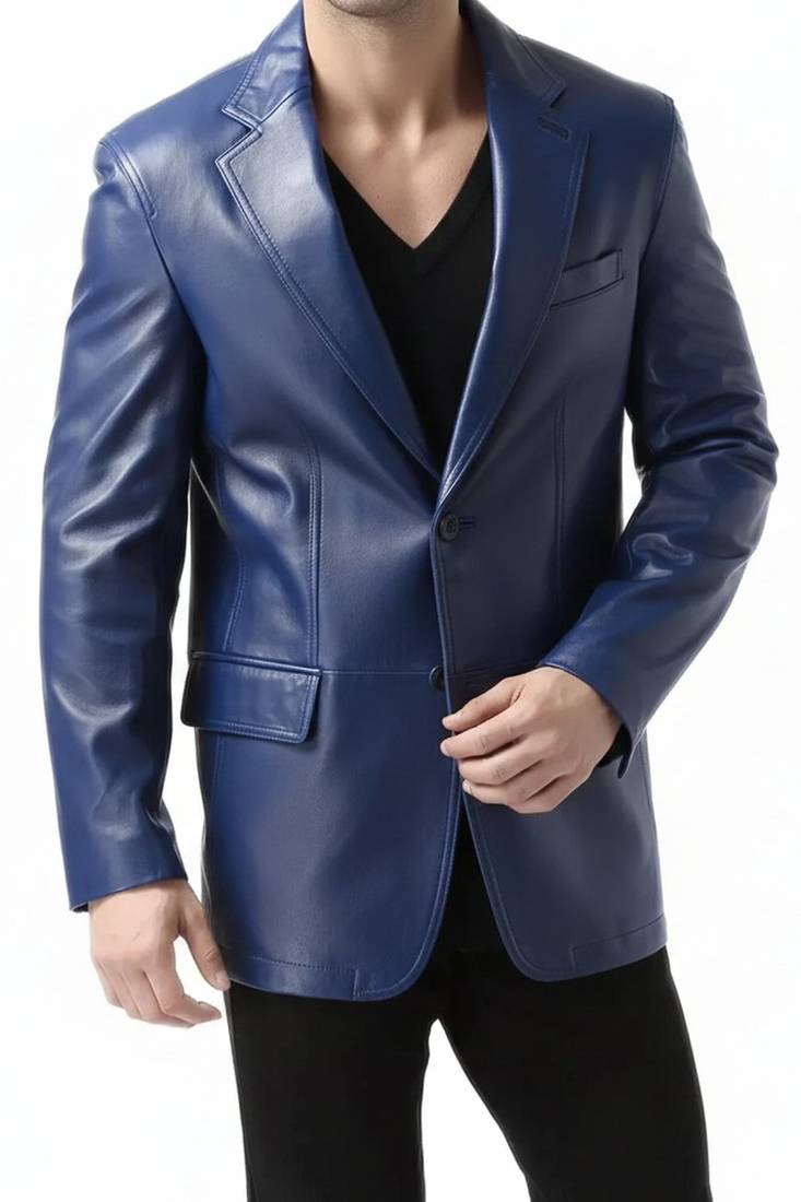 Men's real genuine lambskin blue leather blazer two button coat