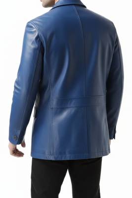 Men's real genuine lambskin blue leather blazer two button coat 2