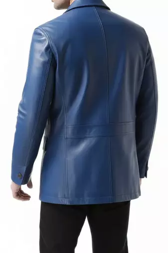 Men's real genuine lambskin blue leather blazer two button coat