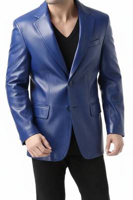 Men's real genuine lambskin blue leather blazer two button coat 3
