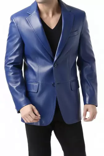 Men's real genuine lambskin blue leather blazer two button coat