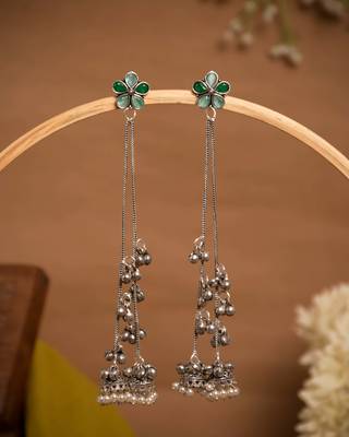 Green Floral Long Chain Jhumka Earrings for Women | Oxidised Silver Look Traditional Ethnic Dangler Earrings 1