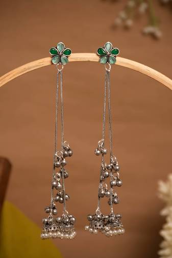 Green Floral Long Chain Jhumka Earrings for Women | Oxidised Silver Look Traditional Ethnic Dangler Earrings