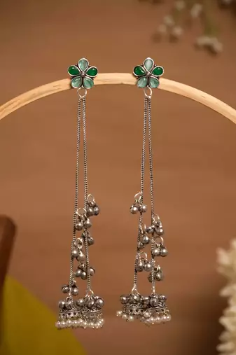 Green Floral Long Chain Jhumka Earrings for Women | Oxidised Silver Look Traditional Ethnic Dangler Earrings
