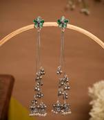 Green Floral Long Chain Jhumka Earrings for Women | Oxidised Silver Look Traditional Ethnic Dangler Earrings