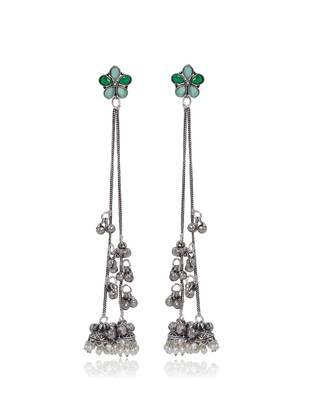 Green Floral Long Chain Jhumka Earrings for Women | Oxidised Silver Look Traditional Ethnic Dangler Earrings 3