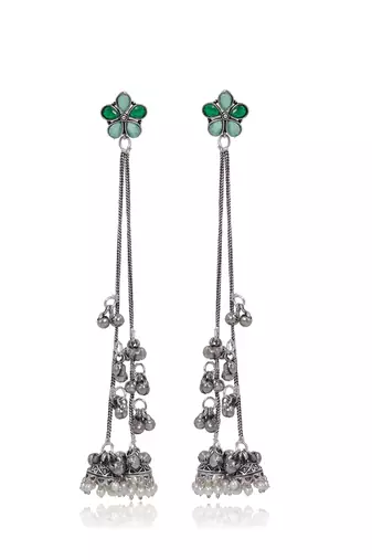 Green Floral Long Chain Jhumka Earrings for Women | Oxidised Silver Look Traditional Ethnic Dangler Earrings