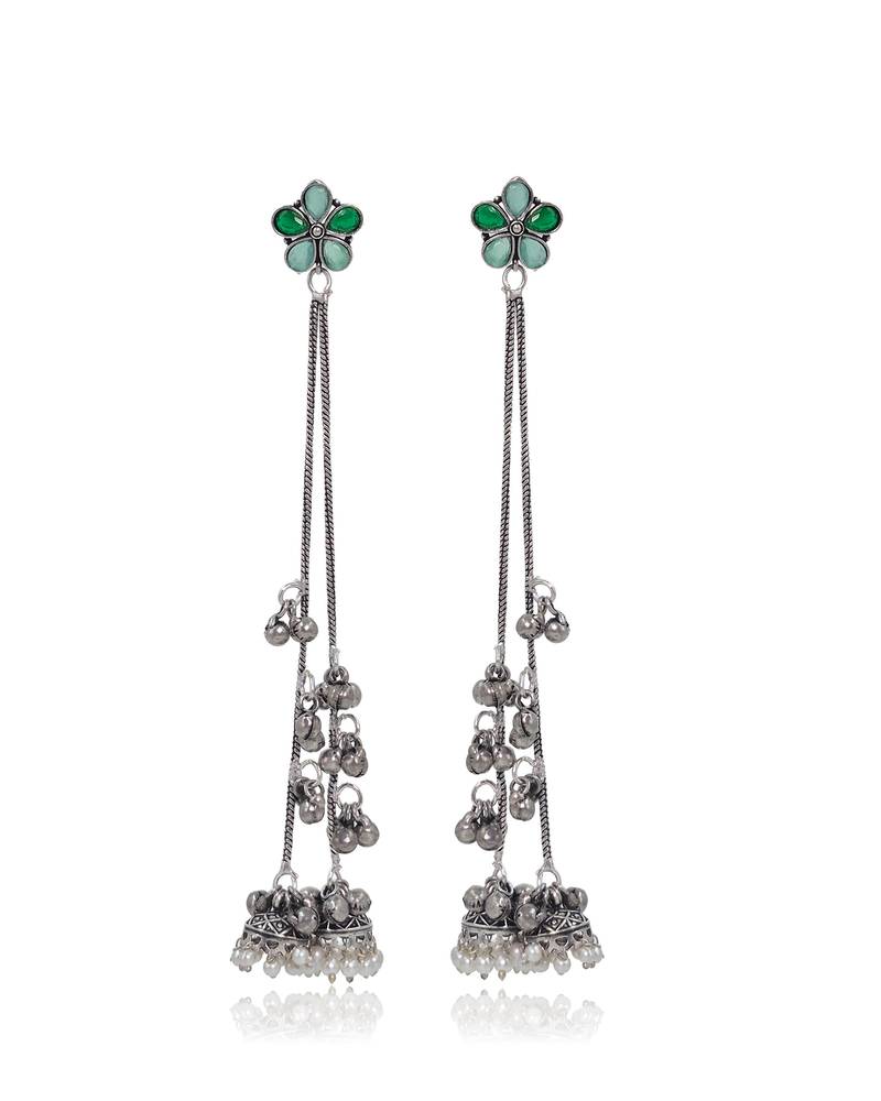 Green Floral Long Chain Jhumka Earrings for Women | Oxidised Silver Look Traditional Ethnic Dangler Earrings